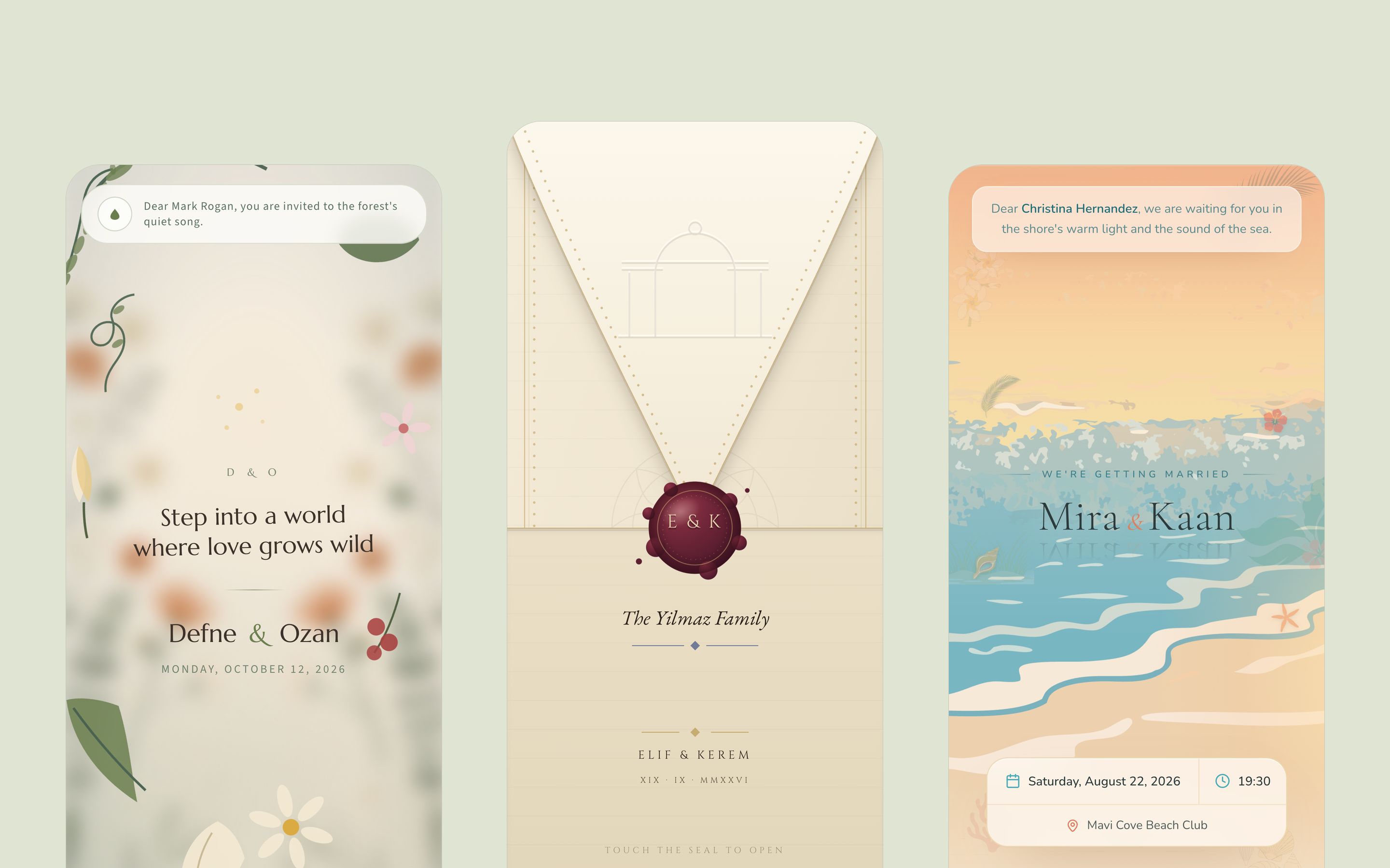 Three İlkEvet invitation themes on mobile